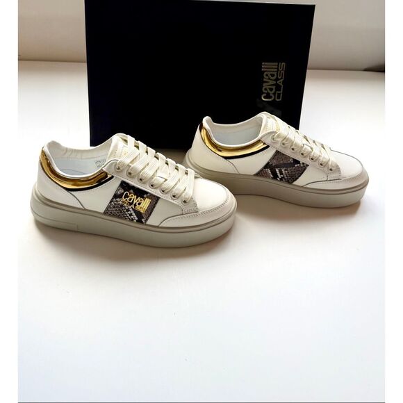 NWT Roberto Cavalli “Cavalli Class” logo hardware white low top sneaker  Size 38 - Picture 12 of 16